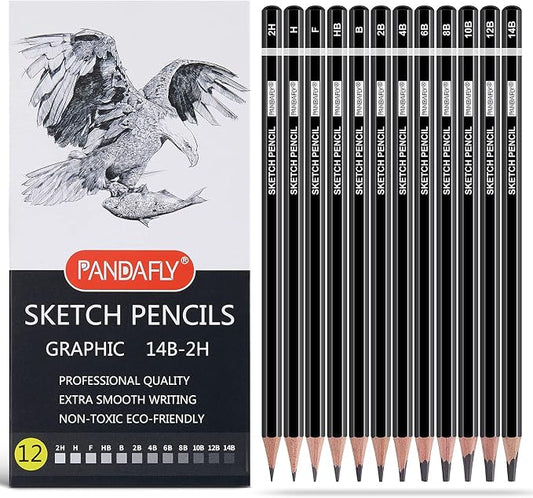 PANDAFLY Drawing Sketching Pencil Set, 12 Pack, Graphite Pencils (14B - 2H) | Ideal for Drawing Art, Sketching, Shading, Artist Pencils for Beginners & Pro Artists