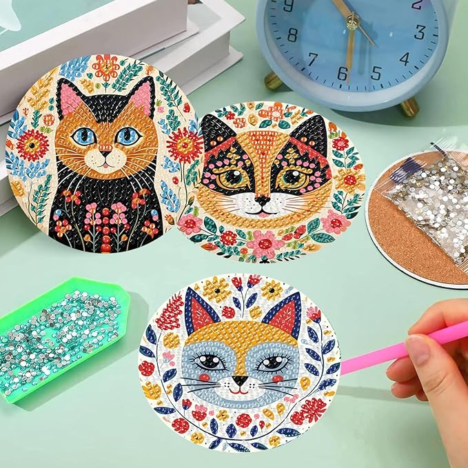 mrpwnle 6 Pcs Diamond Art Coasters Kits, Cat Diamond Painting Coasters Kit