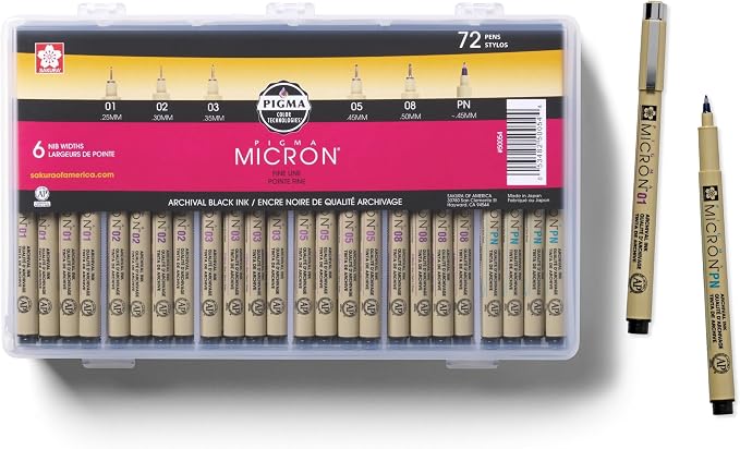 SAKURA Pigma Micron Black Ink Multi-tip Set, 72 Pen Count | Archival Black Ink Pens for Writing, Illustration & Journaling, Great for Artists, Crafters & DIY Gift Projects