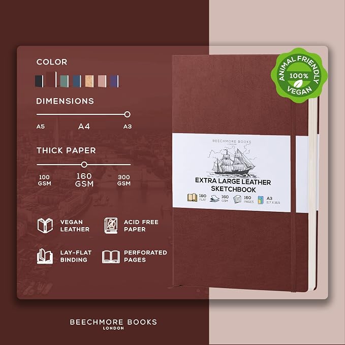 Beechmore Books A3 11.7x16.5 Mixed Media Sketchbook 160 GSM/98lb, Gift Box | Hardcover Drawing Pad with Lay-Flat Binding, Extra Large Perforated Ivory Paper for Studio Drawing & Watercolor Work