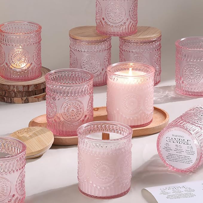 DARJEN 10 Pcs 8oz Glass Candle Jars with Lids, Candle Containers Tins-Pink | Premium Thick Glass, Secure Wooden Lids- Candle Jars for DIY Candle Making, Stunning Sunflower Design