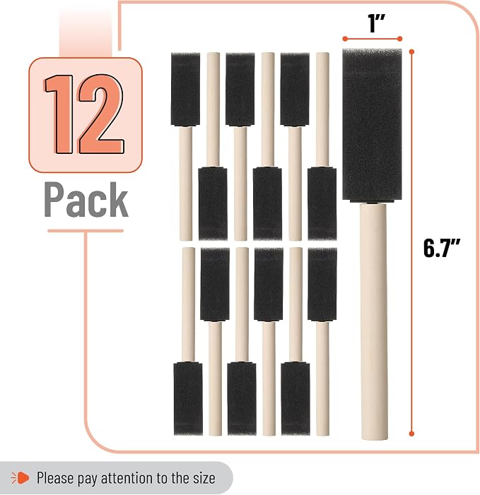 Bates Foam Paint Brushes, 1", 12 Pack - Sponge Brushes for Painting, Staining, and Mod Podge