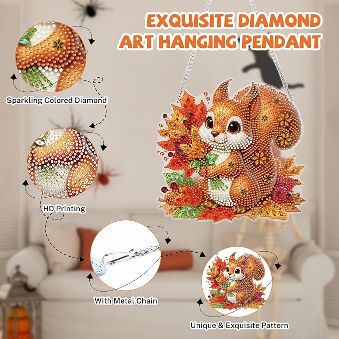Bowetile Fall Squirrel Diamond Art Hanging Kits for Adults, Diamond Art Suncatchers Maple Leaf, 5D Special Shape Autumn Diamond Painting Pendant Window Ornament Gifts for Home Door Wall Decor