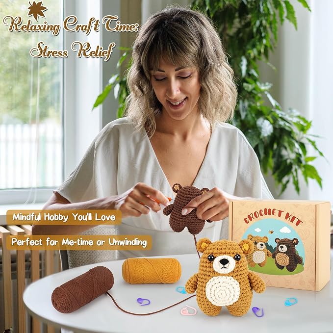 Crochet Kit for Beginners - Bear Crochet Kits, Beginner Crochet Kit for Adults, Crochet Animal Kit for Starters with Step-by-Step Video Tutorials, Knitting Bears with Squishy Hip Design