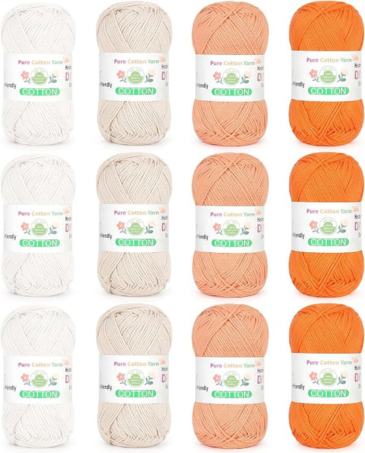 Katech 1OO% Cotton Yarn for Crocheting & Knitting–Baby Cotton Yarn (F) | 12-Color of 137 Yards/1.76 oz Sport Weight CYC #2-Soft & Breathable-Ideal for Dishcloths, Baby Clothes, Potholders & Crafts
