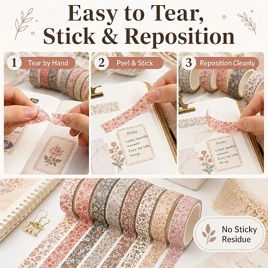 8 Rolls Vintage Washi Tape Set Thin Retro Decorative Antique Patterns Masking Tapes for Arts, DIY Crafts, Journals, Planners, Scrapbook, Wrapping (Flowers)