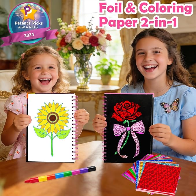 FUNNYB&G Foil Art Craft Kit for Kids, Sparkly Birthday Gift Toy for Girls | No Mess, Kids Ages 4-10 Create Sparkling Artwork, A Creative Gift for Birthdays, Holidays, Travel Activities,Screen-Free Fun