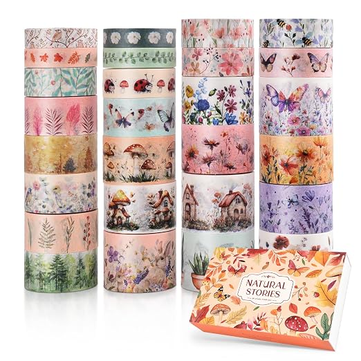 PAGEMORE 27 Rolls Vintage Washi Tape Set, Floral Butterfly Forest Mushroom Botanical Flower Writable Decorative Tapes for Scrapbooking, Junk Journal Supplies, Bullet Journaling 9.84ft Long/Roll