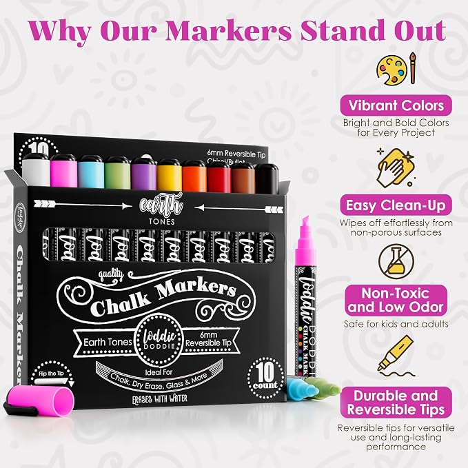 Loddie Doddie Liquid Chalk Markers, Window Markers, Earth Tones, 10 Pack | Flip from Fine to Broad Lines, For Classroom Displays & Home Offices, On Windows, Mirrors & Car Glass, Erasable Glass Markers