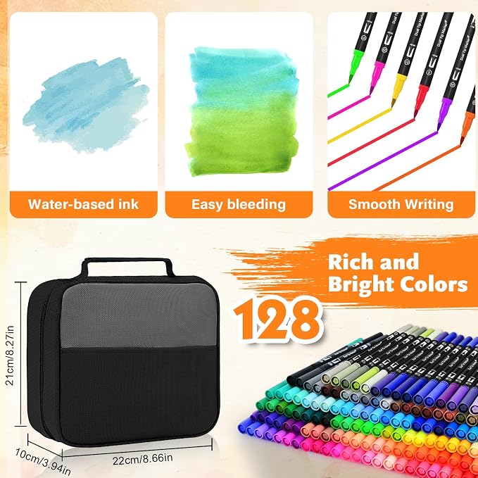 IVSUN 128 Colors Dual Tip Watercolor Markers Pens with Bag-Brush & Fine | Art Markers Set for Adult Coloring Book, Journaling, Drawing, Note Taking, Planner, Lettering, Calligraphy, Art Supplies Kit
