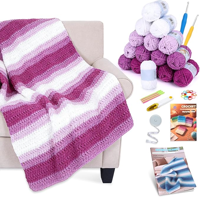 Reessy Crochet Blanket Kit for Beginners Adults – Gradient Purple Ombre Throw Blanket Kit with Soft Chenille Yarn, Hooks & Instructions – Handmade Crochet Starter Set for Adults
