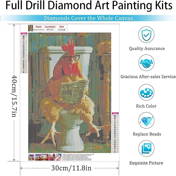 Diamond Art Kits for Adults,Chicken Square Diamond Painting Kits 12x16in