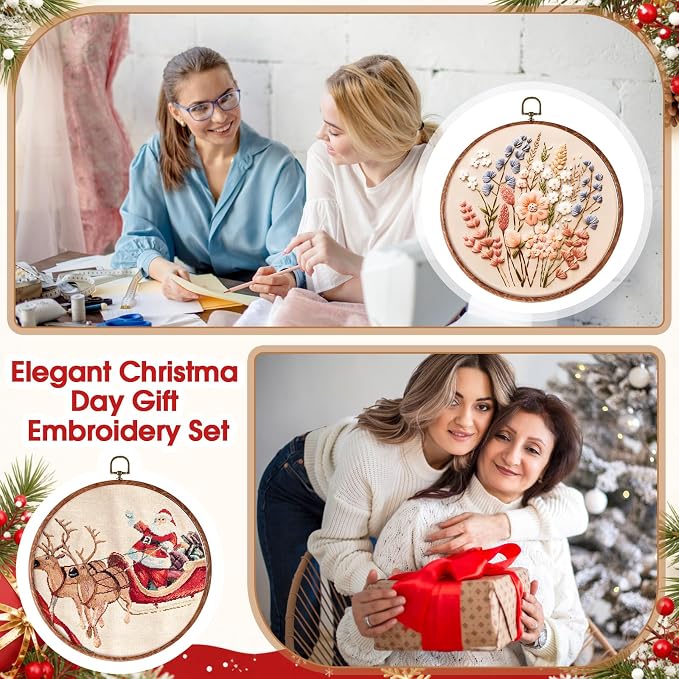 Burbell 3 Pcs 8.7 Inch Pcs Spring Round Embroidery Hoops Frame Circle Rubber Hoops Ring Display Cross Stitch Ornament Imitated Wood Frame Kits for Christmas in July Craft Sewing DIY Hanging Gifts