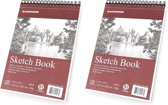 Bachmore Sketchpad 9X12 Inch (68lb/100g), 100 Sheets of TOP Spiral Bound Sketch Book for Artist Pro & Amateurs | Marker Art, Colored Pencil, Charcoal for Sketching (Pack of 2)
