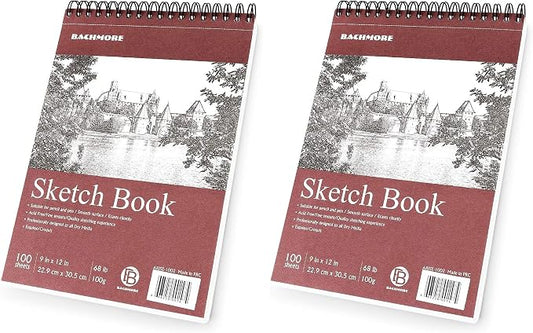 Bachmore Sketchpad 9X12 Inch (68lb/100g), 100 Sheets of TOP Spiral Bound Sketch Book for Artist Pro & Amateurs | Marker Art, Colored Pencil, Charcoal for Sketching (Pack of 2)