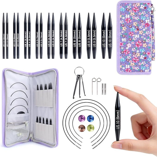 Reessy Short Interchangeable Circular Knitting Needles Set – 2” Aluminum Tips (3.0–6.0mm), 20–40cm Cables – Interchangeable Shortie Needles for Socks, Sleeves & Small Projects