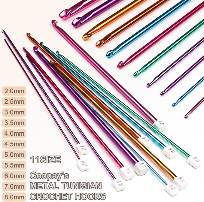 Coopay 11Pcs Tunisian Crochet Hooks Set-Long Crochet Hook, 2mm(B)-8mm(L) | Afghan Crochet Needles for Crocheting Large Projects, Great Knitting & Crochet Supplies for Beginner, Crocheter & Knitter