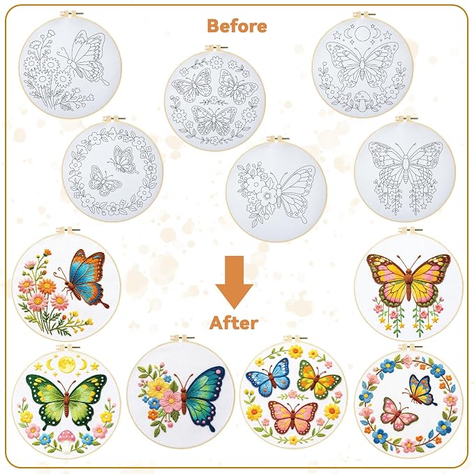 BEUNITONE 6 Set Embroidery Kit for Beginner Adults, Colorful Butterfly Floral DIY Cross Stitch Set with Stamped Pattern Hoops Threads Cloth Needles, Embroidery Starter Kit for Home Decor and Gifting