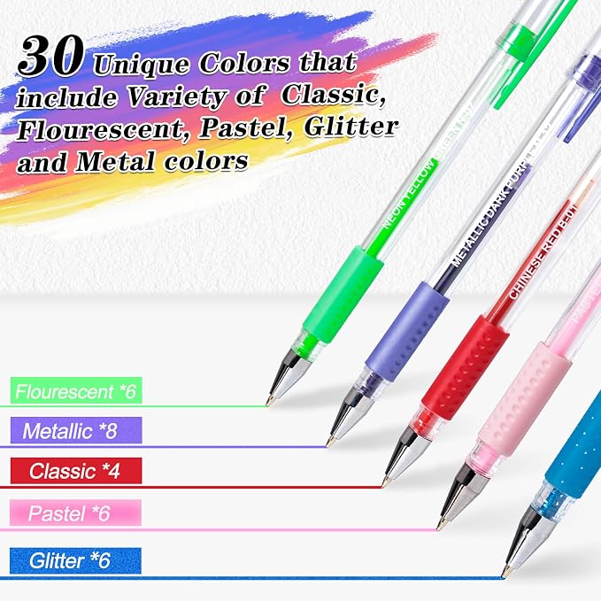 Gel Pens for Adult Coloring Books, 30 Colors Fine Point Gel Marker Pens