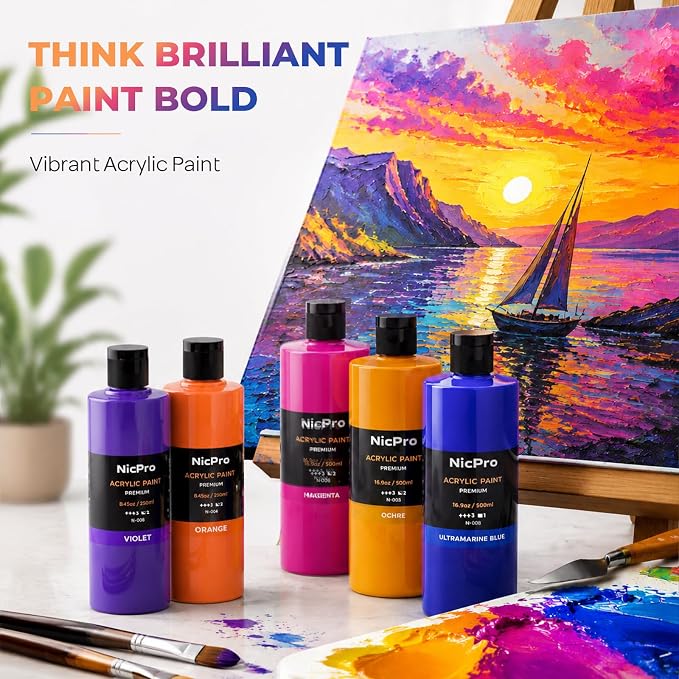 Nicpro 18 Colors Large Bulk Acrylic Paint Set for Artist (8.45 oz, 250 ml) | Rich Art Painting Supplies, Non Toxic for Multi Surface Craft Rock Canvas Wood Paper Window Leather Fabric, with Color Wheel
