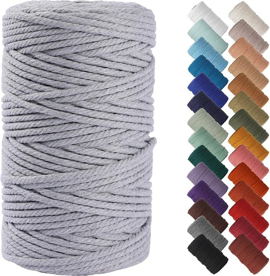 NOANTA Light Grey Macrame Cord 4mm x 109yards, Cotton Rope Macrame Yarn | Macrame Rope Supplies, 3 Strand Twisted Cotton Yarn String, Cotton Cord for Wall Hanging, Plant Hangers, Crafts, Knitting