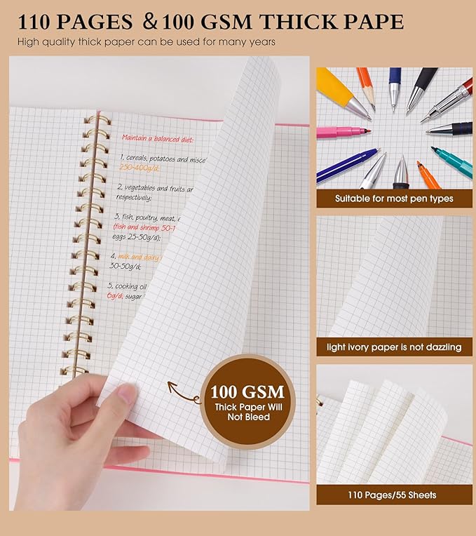 Graph Paper Notebook, Spiral Notebook Journal 8.5” x 11”, A4 Large Grid Notebooks for Women Men, 100 GSM Graph Paper, Plastic Hardcover Spiral Graphing Journals for Work School Engineering, Pink
