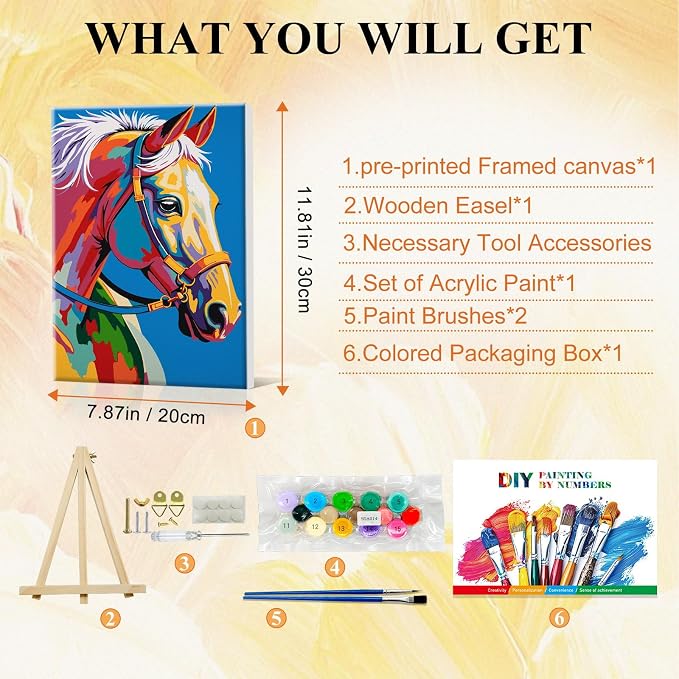 SparkGlow Horse Paint by Numbers Kit for Adults with Frame, 8×12 Inch | Easy Paint by Number, Include Easel, Premium Canvas, Relax and Fun Activities, Number Painting for Gift, Wall Decor