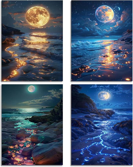 DOTSOPS 4 Pcs Moon Lake Diamond Painting Kits for Adults Art Painting Kits | Crafts DIY 5D Diamond Art Packs Kits,Round Full Drill for Beginner,Home Wall Decoration Gift 11.8 x 15.7 Inches
