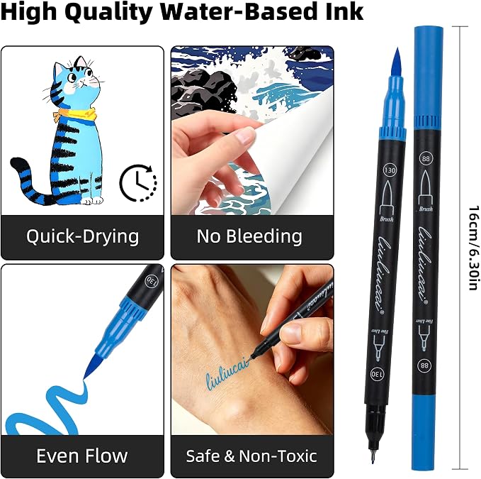 LIULIUCAI 10 Blue Dual Markers, Fine & Brush Tip Pen for Adult Coloring