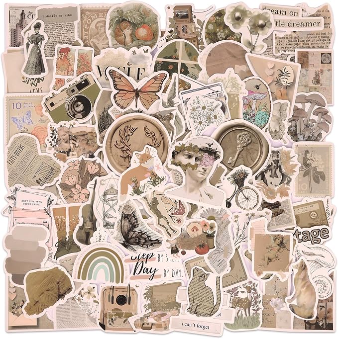 EOAOD 200 Vintage Aesthetic Stickers for Scrapbooks and Water Bottles | Waterproof Vinyl Decals for Notebooks, Junk Journals and DIY Crafts, Perfect for Kids, Teenagers and Adults