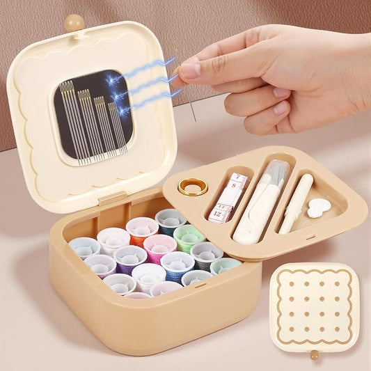 LOTOFUN Small Sewing Kit Box: Cookie Design Portable 2-Layer Organizer Magnetic Needle and Thread Kits Holder Basic Case - Travel Emergency Clothes Repair for Adults (Beige)