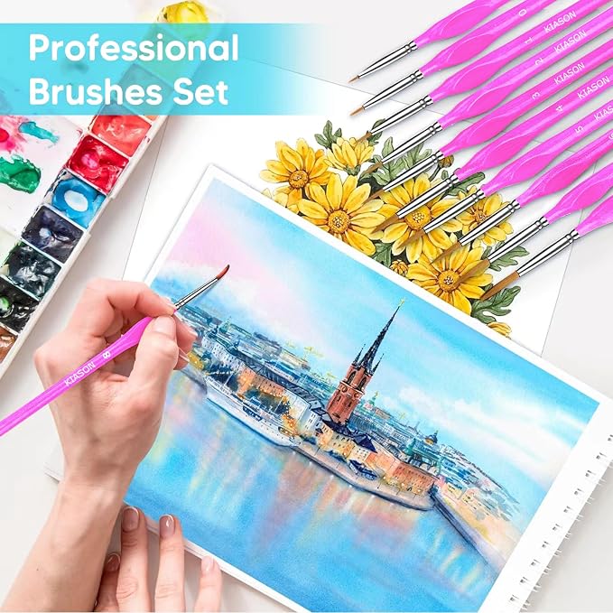10Pcs Miniature Detail Paint Brushes Triangular Wood Handle Set | Tiny tips for acrylic, oil & watercolor, for paint-by-number, models, figurines, face paint, crafts & adult drawing, Magenta