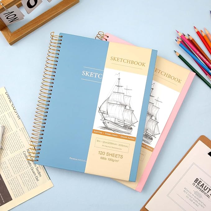 Yoment 9"x12" Hardcover Sketchbook for Drawing，120 Sheets，100GSM | Blue,Spiral Bound Sketch Pad Premium Art Sketchbook Artistic Drawing Paper Pad for Kids Adults Beginners Artists