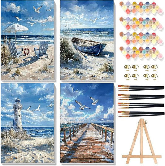 4 Pack Beach Paint by Numbers for Adults with Framed Canvas - Wooden Easel | Beach Paint by Number on Canvas, DIY Coast Acrylic Oil Painting Kits with Brushes for Home Wall Decor (8x12 inch)