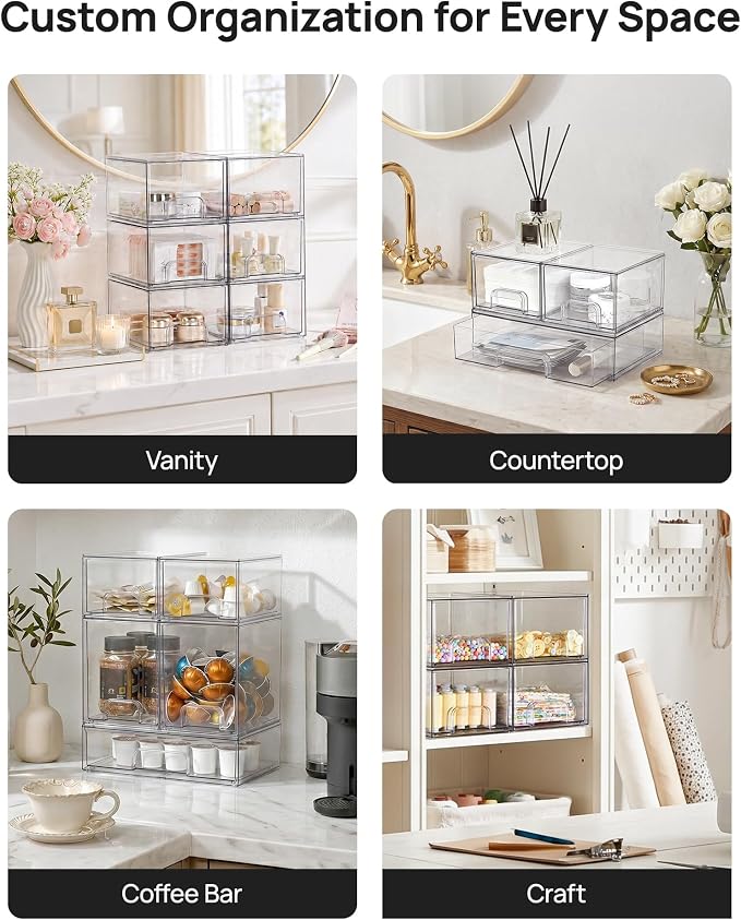 Vtopmart Clear Stackable Storage Drawers Set of 7, Plastic Organizer Bins | Multi-purpose Boxes for Baby Bottle Storage, Ideal for Kichen, Vanity, Bathroom, Undersink, Cabinet, Pantry Organization