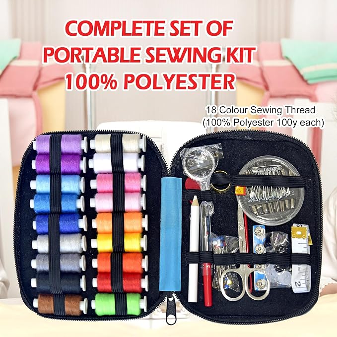 Sewing Kit with Case Portable Sewing Supplies for Home Traveler, Adults, Beginner, Emergency, Contains 18 Sewing Thread, Scissors, Needles, Measure etc,Medium Electric Blue