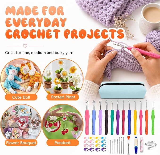Crochet Hooks 12 Sizes Crochet Hook Set, 50 Pack Yarn Crochet Kit for Beginners, Knitting Needles with Ergonomic Handles for Arthritic Hands, Crochet Needle Kit with Blue Case for Crocheters