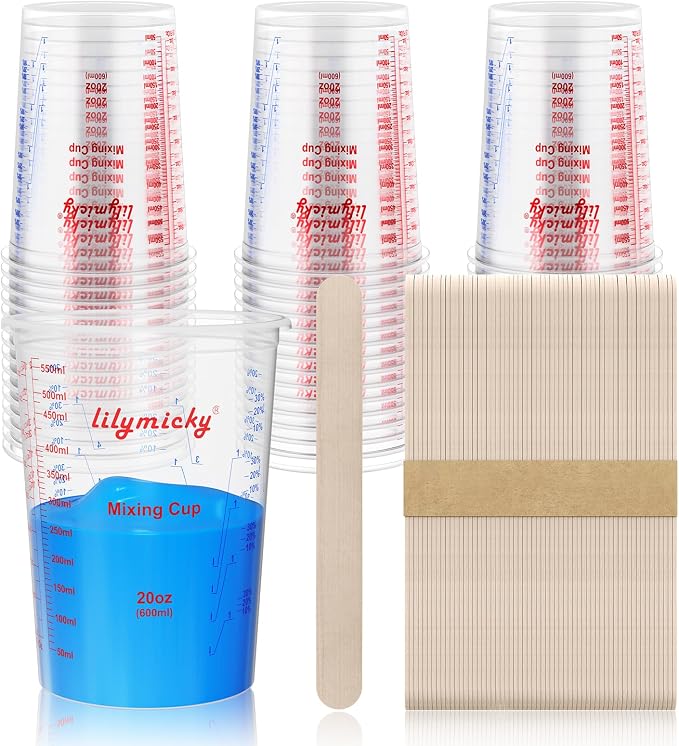 50 Pack Plastic Mixing Cups, 20 oz Measuring Cups with 50 Mixing Sticks