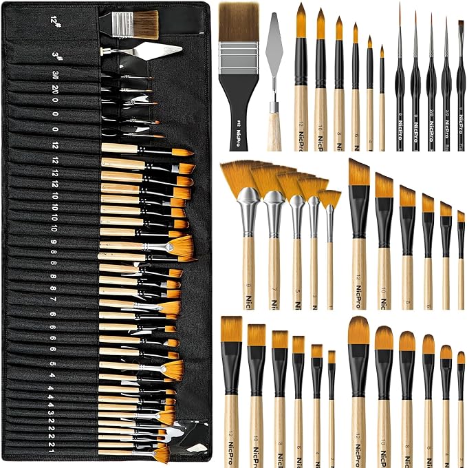 Nicpro 36pcs Paint Brush Set for Acrylic Painting,Oil, Watercolor (Wood) | Professional Paintbrushes for Acrylic Oil Gouache,Includes Palette Knife and Cloth Roll, Art Supplies for Artists & Beginners