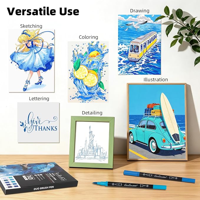 LIULIUCAI 10 Blue Dual Markers, Fine & Brush Tip Pen for Adult Coloring