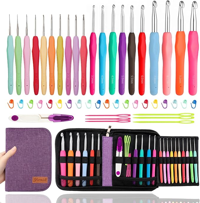 Yarniss 20 Sizes Ergonomic Crochet Hooks Set for Beginner 0.5mm-10mm | Soft Grip Crochet Hooks Set with Portable Bag,Purple