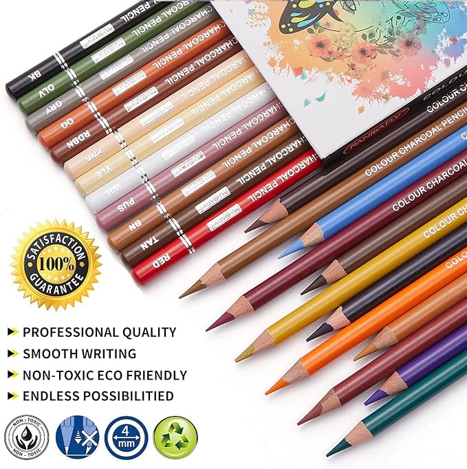 PANDAFLY Professional Colored Charcoal Pencils Drawing Set, 24 Colors | Skin Tone Colored Pencils, Pastel Chalk Pencils for Sketching, Shading, Coloring, Layering & Blending