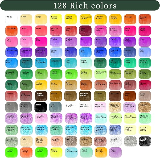 Artecho 128-Color Watercolor Paint Set with Metallics, Portable Tin Case | 128 Colors: 84 Classic, 36 Metallic, 4 Fluorescent & 4 Pastel; Water Brush, Nylon Brush, 10 Watercolor Sheets and Velvet Bag