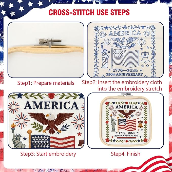US 250th Anniversary Embroidery Kit, Patriotic Embroidery Kits for Beginner