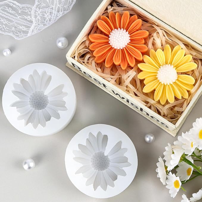 2 PCS Daisy Flower Silicone Molds, Chrysanthemum Resin Candle Molds, 3D Flower Fondant Mold for DIY Cake Chocolate Soap Wax Clay Craft Decoration (Daisy)