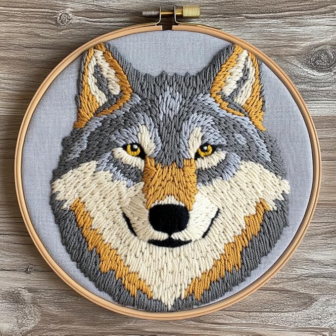 DIY Punch Needle Kits Cartoon Grey Wolf Head with Hoop 20x20cm-4 | with Pattern Stamped Easy for Beginners Embroidery Punch Needle Starter Craft Set for Adults Festival Gift and Decoration