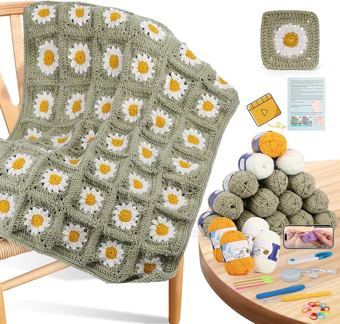 Coopay Crochet Kit for Beginners, Granny Square Crochet Blanket Kit, Camel | Crochet Kit W/Video Tutorial & Digital Instructions, All Accessories Included, Easy Knitting to Create Granny Square Blanket