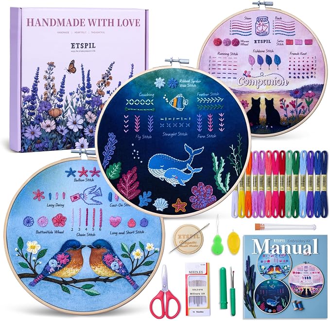 ETSPIL Beginner Embroidery Kit for Adults, Full-Color Print, 4K Video | Pre-Printed, Skip Filling. Bound Stitch Book, Step Manual. Needle Minder, Storage Tube. Weekend Project, Gift for Women
