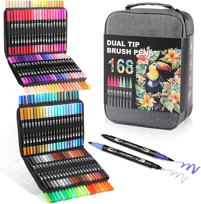 168 Colors Dual Tip Watercolor Markers Pens for School Supplies-Brush&Fine | Coloring Markers No Bleeding for Adult Coloring Books Calligraphy Card Making Sketching Journaling Note Taking Planner Travel