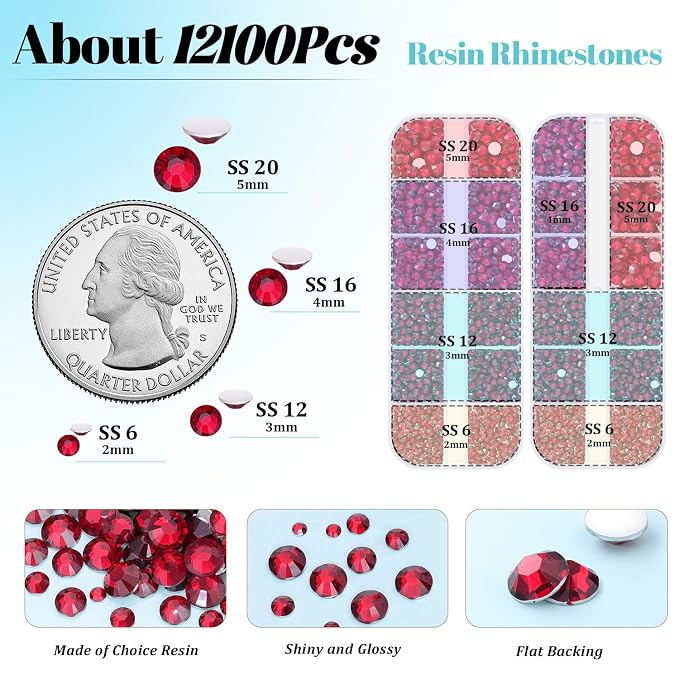 12100Pcs Resin Rhinestones for Crafting with 3Pcs 10ml B7000 Jewelry Glue, 2 Boxes Flatback Crystals Diamond (Dark Red) for Bedazzling Crafts DIY Nail Art，Non Hotfix Gems for Clothing Shoes